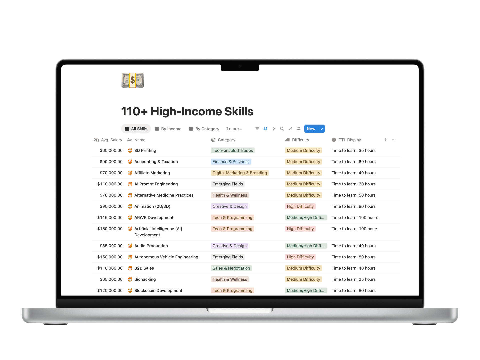 110+ High-Income Skills Notion database preview