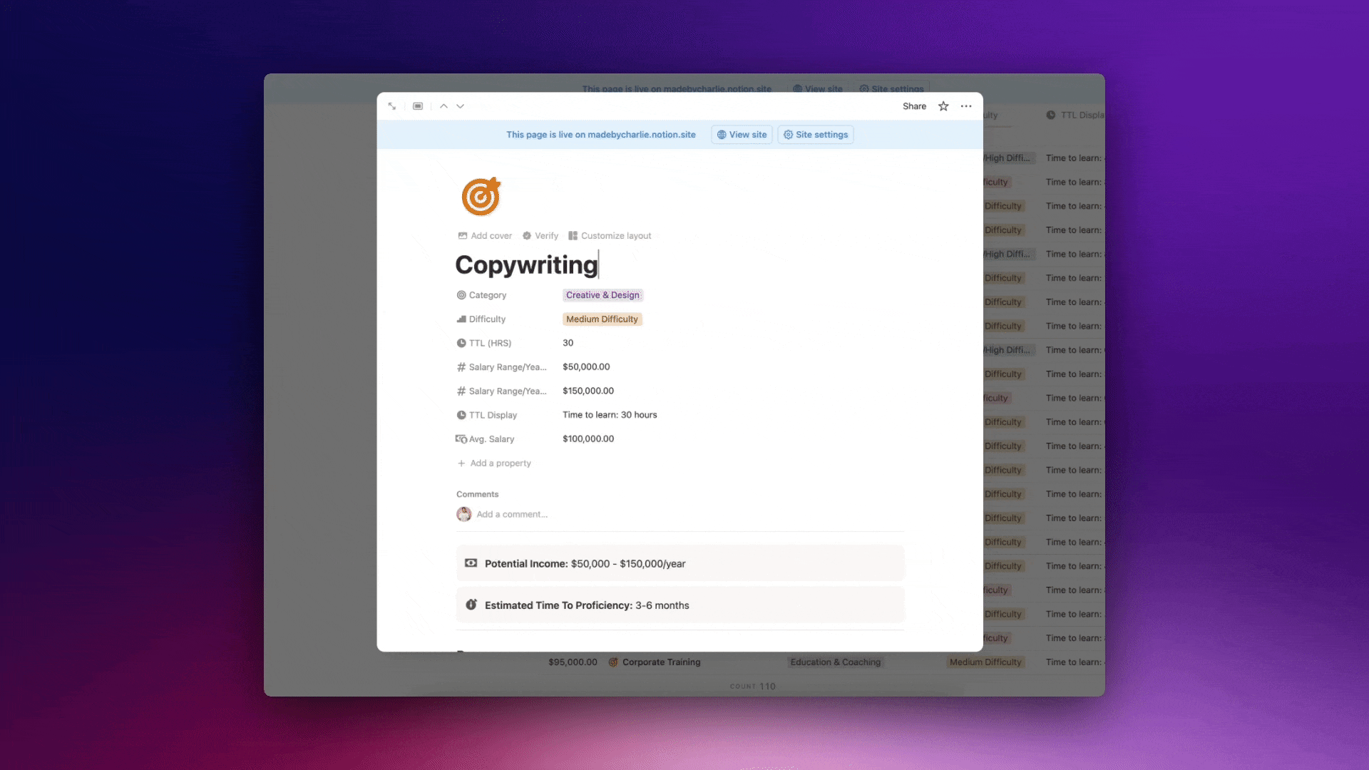 110+ High-Income Skills Notion database in action